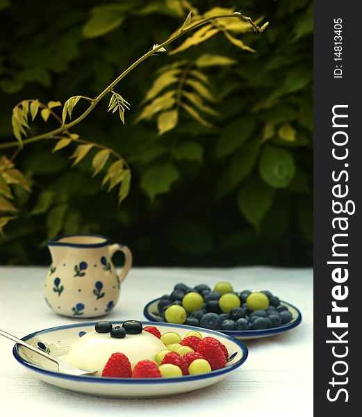 Panna cotta dessert served on garden table. Fresh blueberries, raspberries and grapes. Panna cotta dessert served on garden table. Fresh blueberries, raspberries and grapes.