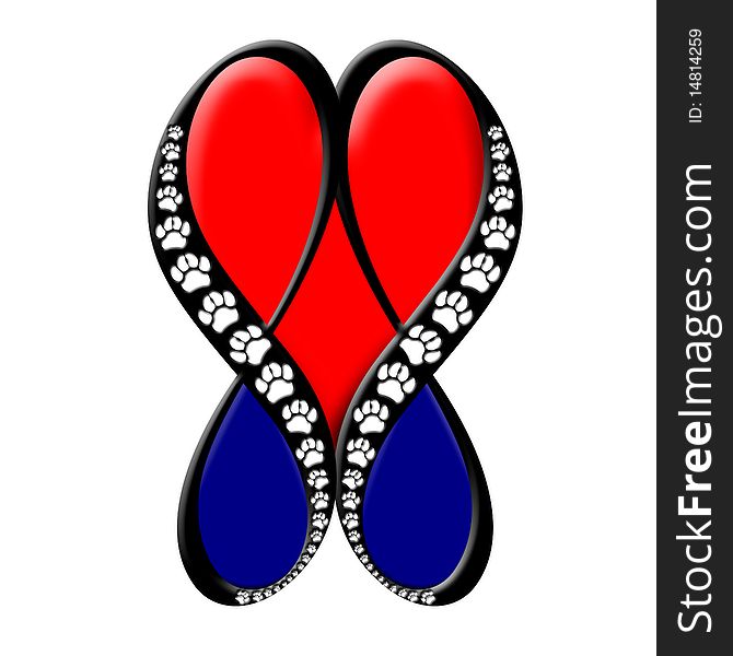 Beveled red and blue hearts created by infinity symbols and accented with embossed paw prints. Beveled red and blue hearts created by infinity symbols and accented with embossed paw prints