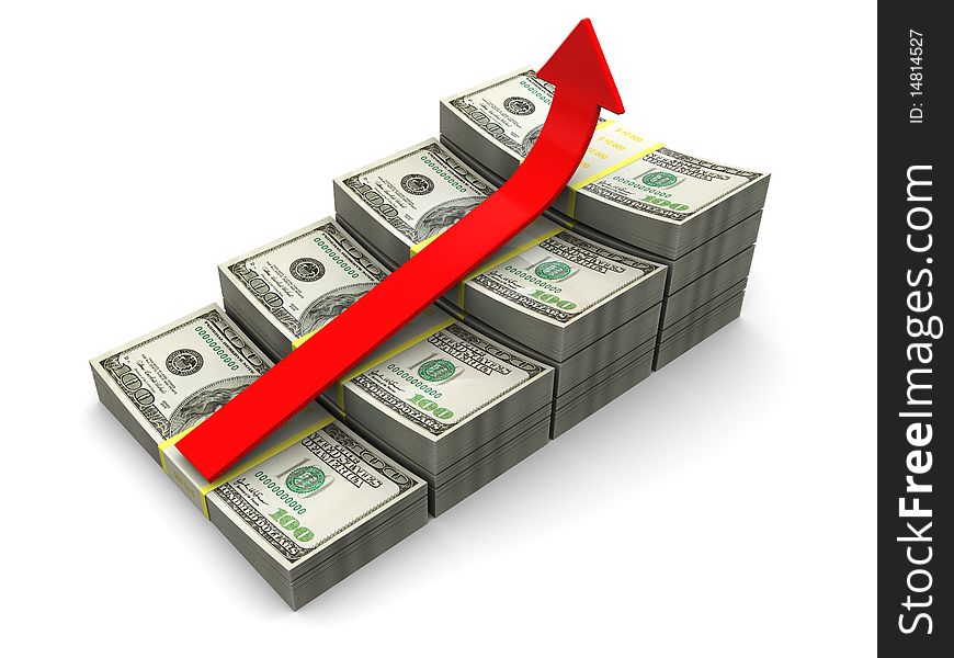 3d illustration of raising dollars chart with red arrow