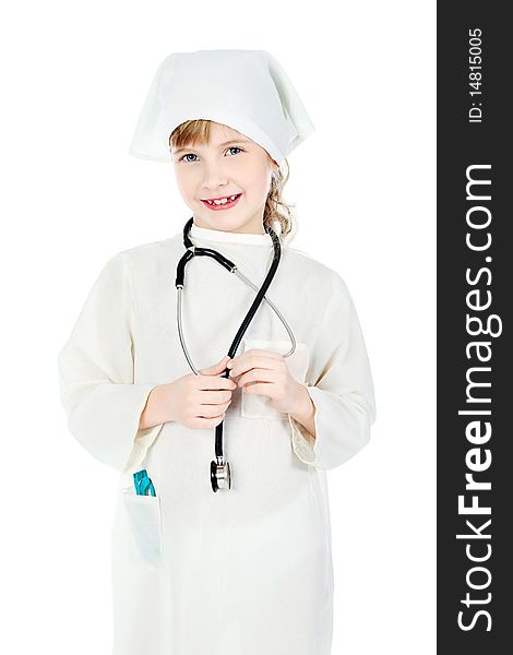Shot of a little girl in a doctors uniform. Isolated over white background.