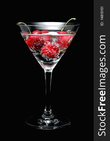 Cherry sparkling in the cocktail glass with soda water. Cherry sparkling in the cocktail glass with soda water