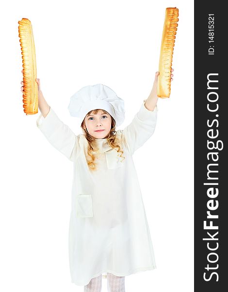 Shot of a little kitchen girl in a white uniform. Isolated over white background. Shot of a little kitchen girl in a white uniform. Isolated over white background.