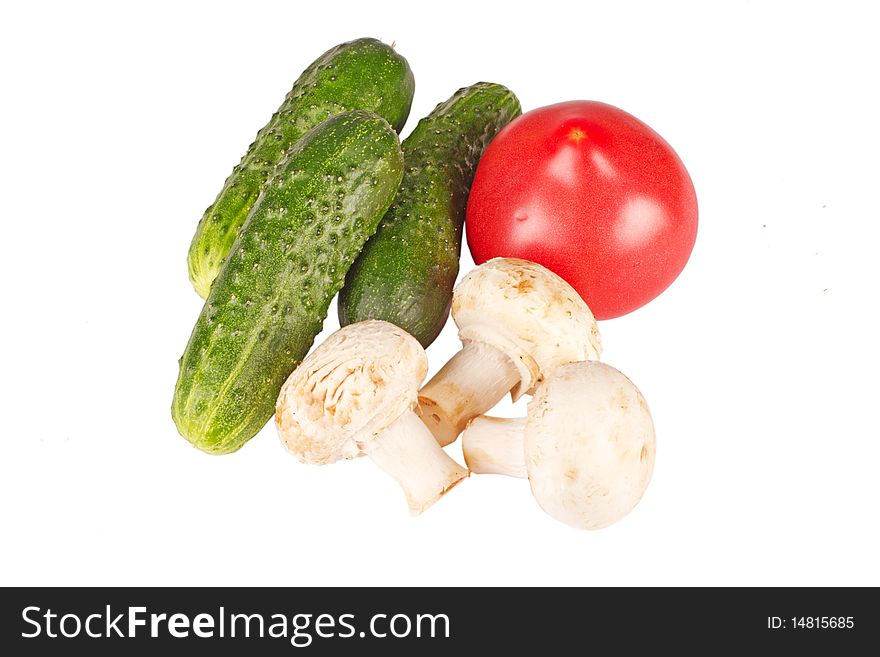 Tomato cucumber mushrooms - vegetable pack isolated on white