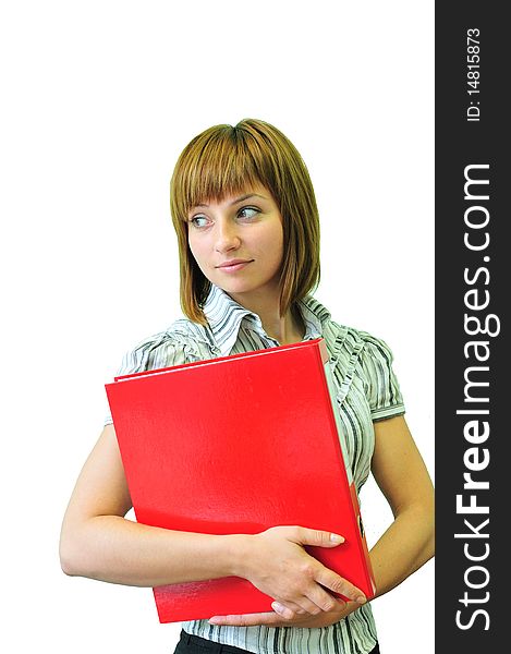 Isolated young woman with a red folder