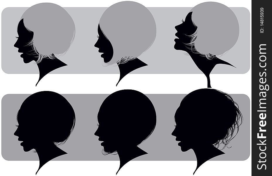 Silhouette of a female head with various hairdresses. Silhouette of a female head with various hairdresses