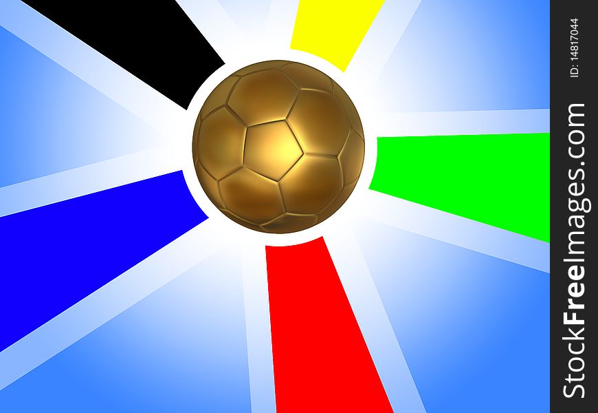 Gold soccer ball surrounded by bands of colors of the national flag of South Africa. Gold soccer ball surrounded by bands of colors of the national flag of South Africa