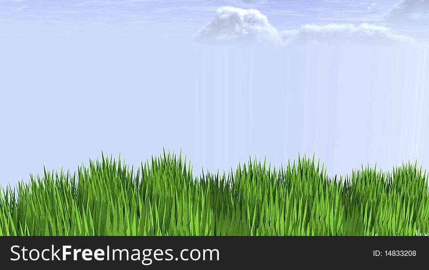 3D rendered green grass under the blue cloudy sky, horizontal background