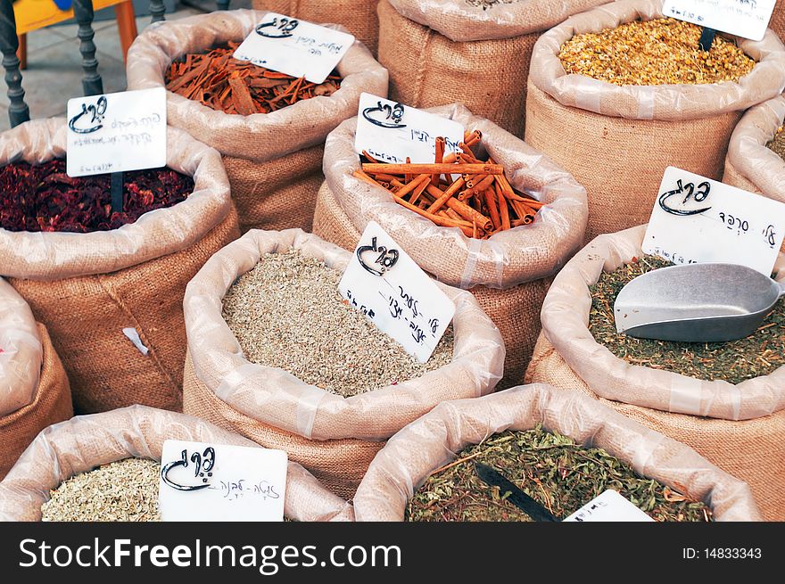 Bags with spices on the market