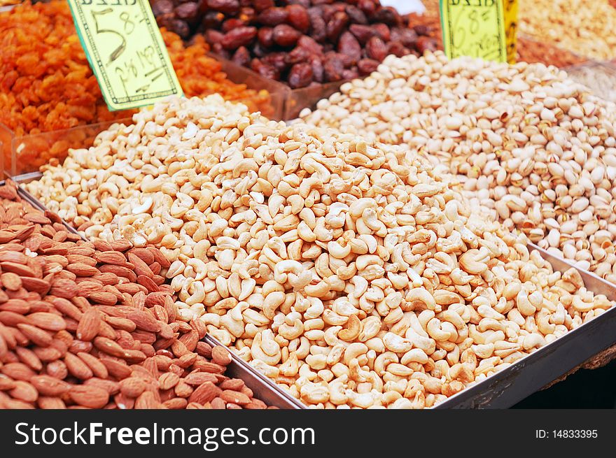 Nuts and dry fruits on market stand. Nuts and dry fruits on market stand