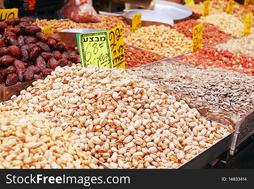 Nuts and dry fruits on market stand. Nuts and dry fruits on market stand