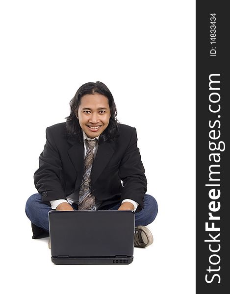 Long hair man sit on the floor, working with laptop, isolated on white. Long hair man sit on the floor, working with laptop, isolated on white