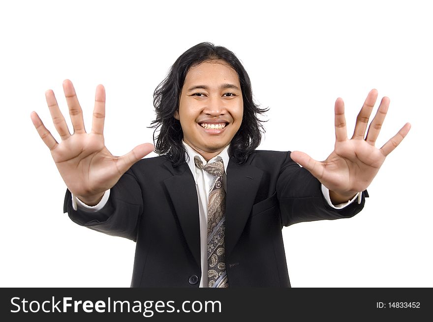 Long hair man give number ten by hand gesture isolated on white background