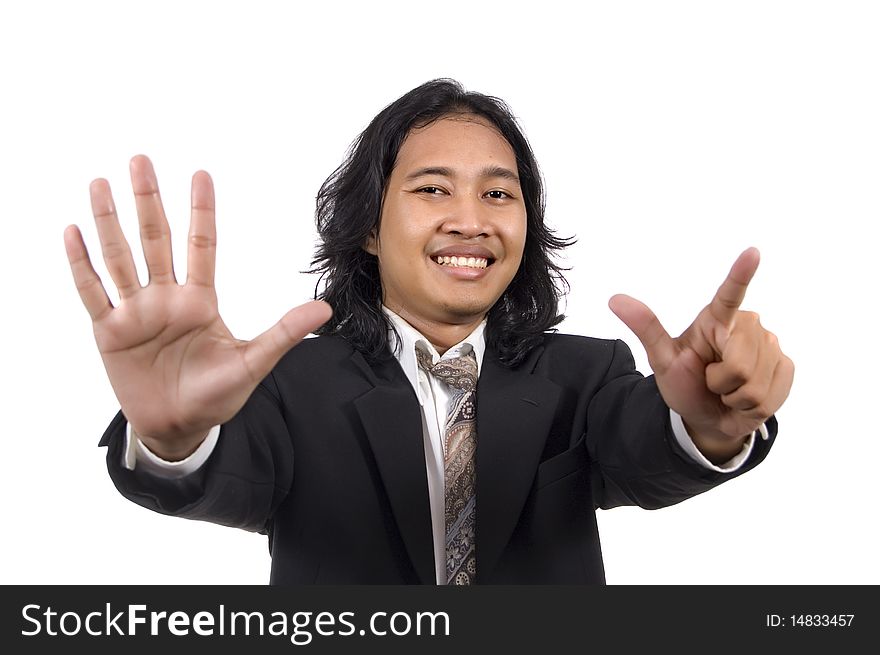 Long hair man give number seven by hand gesture isolated on white background