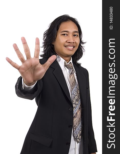 Long hair man give number five by hand gesture isolated on white background