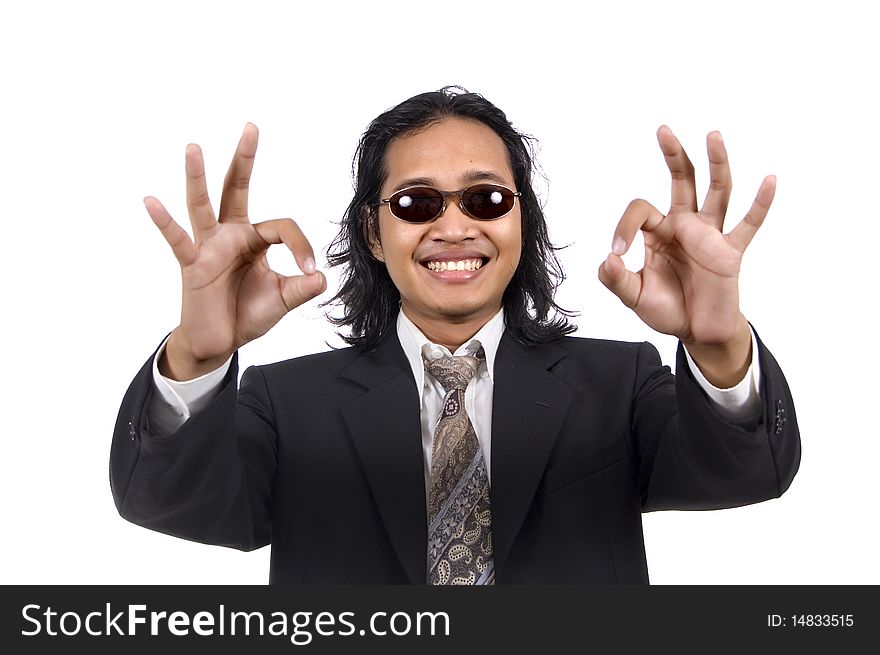 Long hair man in business suit give ok sign