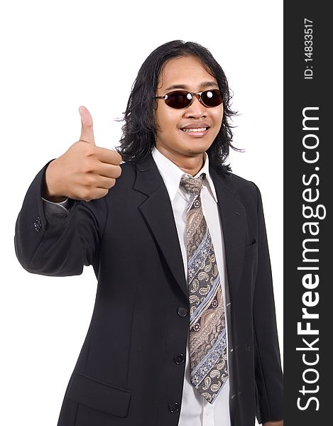 Long Hair Man In Business Suit Give Ok Sign