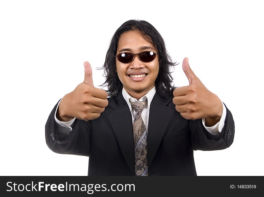 Long hair man in business suit give ok sign isolated on white background