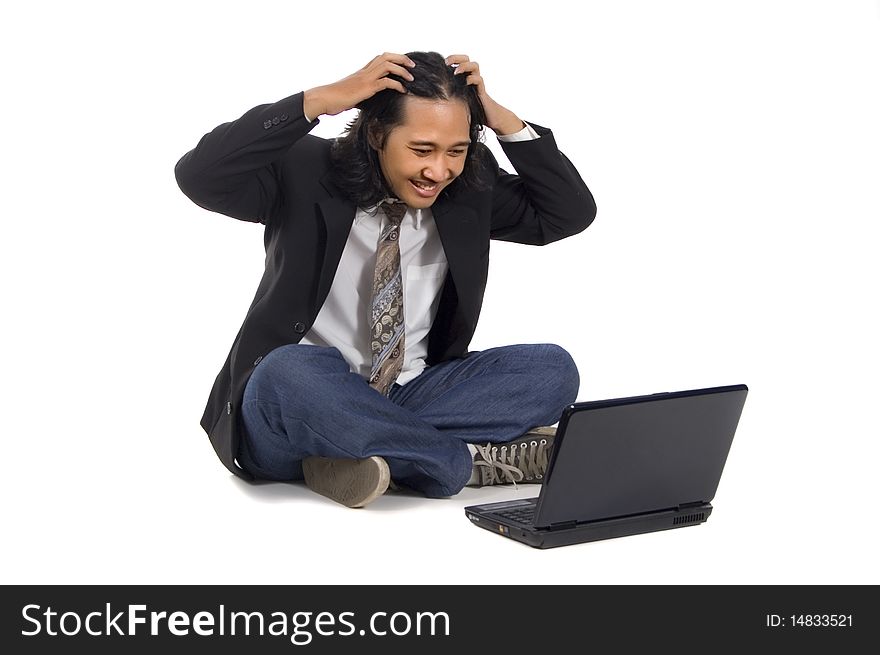 Long hair man sit on the floor, working with laptop, isolated on white. Long hair man sit on the floor, working with laptop, isolated on white