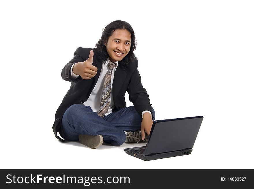 Long hair man sit on the floor, working with laptop, success and isolated on white. Long hair man sit on the floor, working with laptop, success and isolated on white