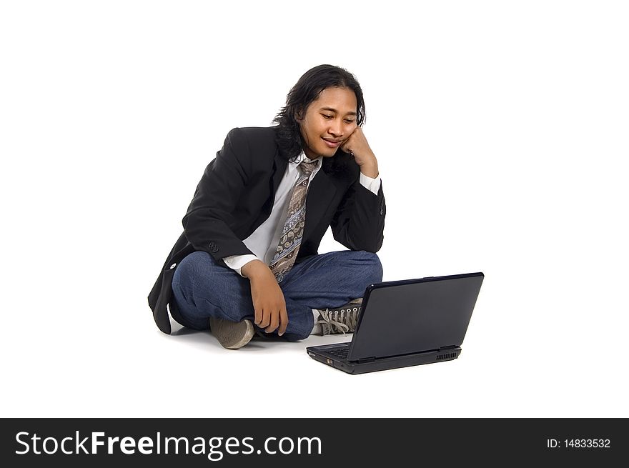 Long hair man sit on the floor, frustated working with laptop, isolated on white. Long hair man sit on the floor, frustated working with laptop, isolated on white