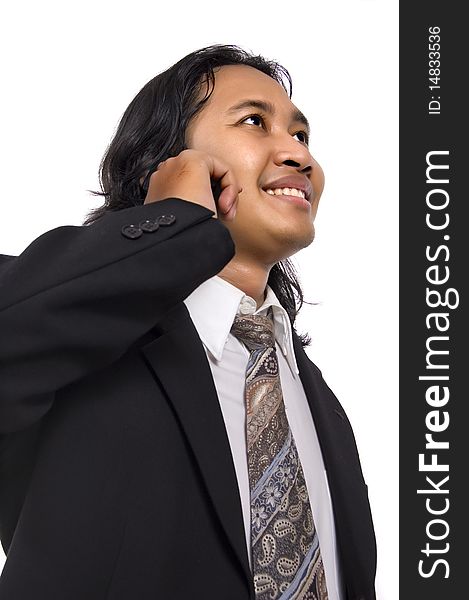 Long Hair business man make a call isolated on white background