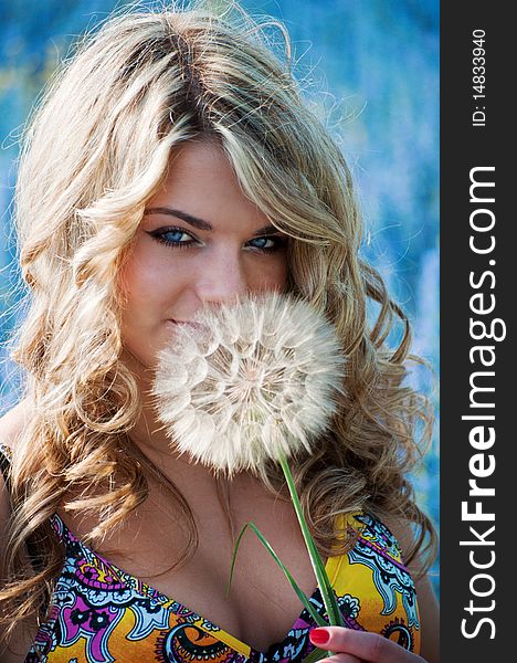Portrait of a blonde young woman with a big dandelion on a background of blue wild flowers. summer, outdoors. Portrait of a blonde young woman with a big dandelion on a background of blue wild flowers. summer, outdoors.