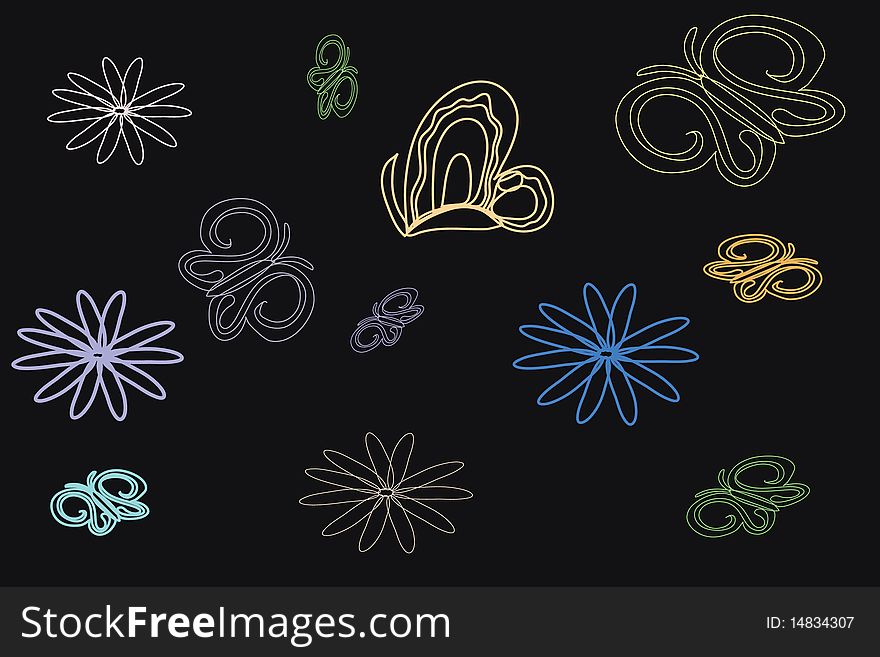 Black floral background with flower and butterfly. The . Black floral background with flower and butterfly. The .