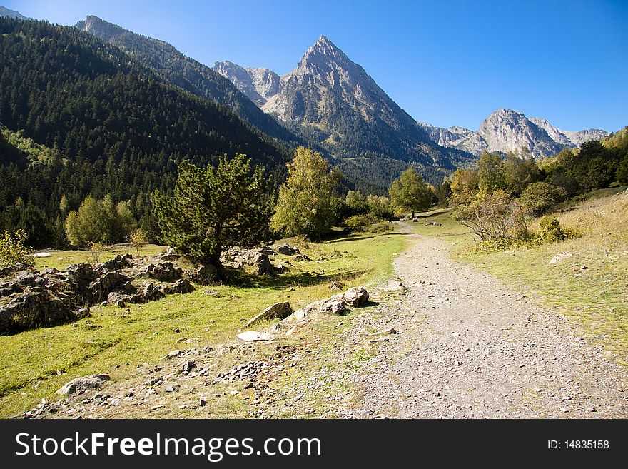 Path to Sant Maurici lake in Aiguestortes National Park - Pyrenees, Spain. Path to Sant Maurici lake in Aiguestortes National Park - Pyrenees, Spain.