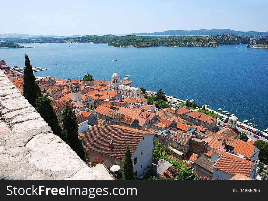Croatia coast, the roofs of european city. Sibenik.
