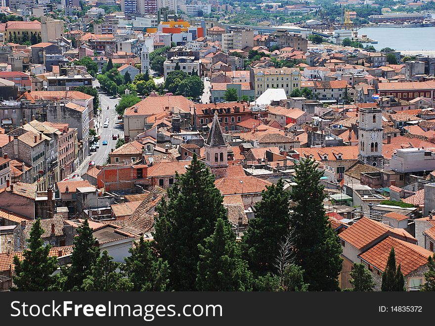 Croatia coast, the roofs of european city. Sibenik.