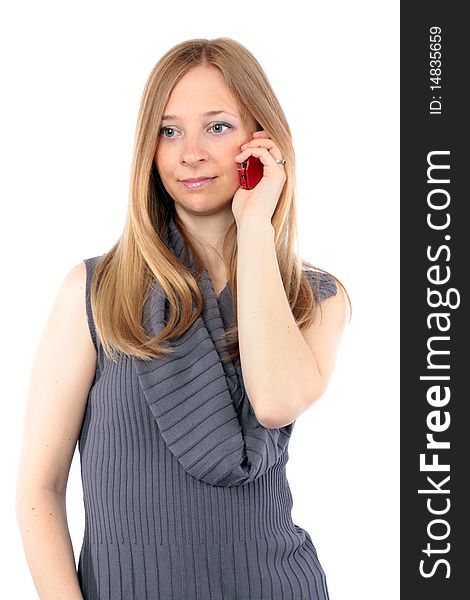 Young woman with long blond hair talking on phone. Isolated on white background