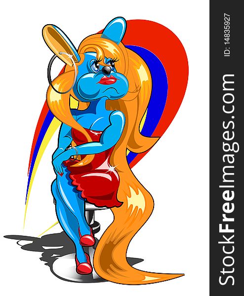 Blue rabbit girl sitting on the chair on the white background