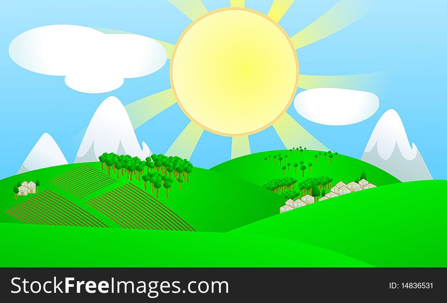 Illustration of sunny landscape of country. Illustration of sunny landscape of country