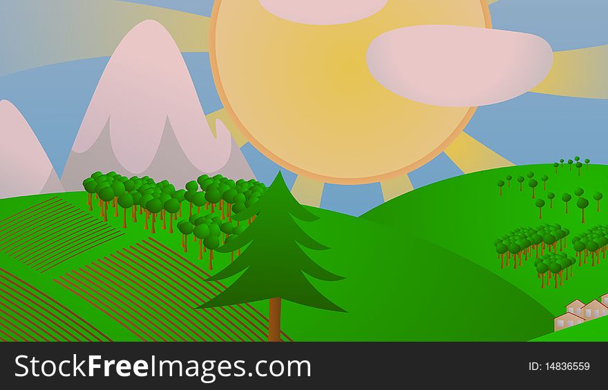 Illustration of sunny landscape of country. Illustration of sunny landscape of country