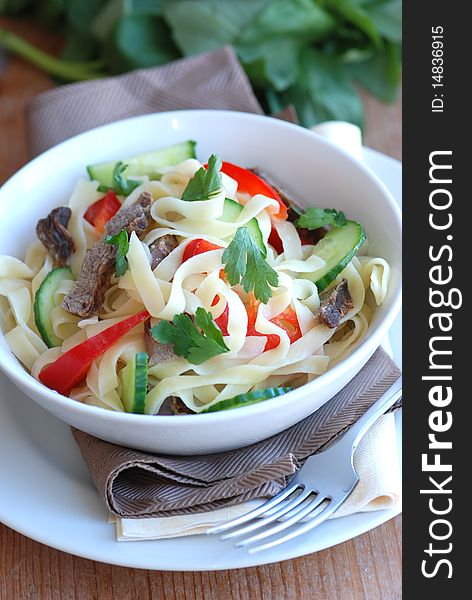 Asian beef noodles in a bowl