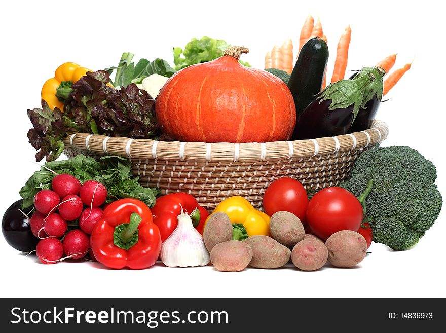 Assorted Vegetables in a basket - isolated on a white backgorund