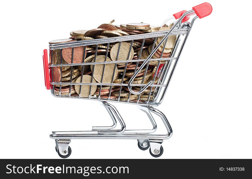 Isolated shopping cart full of coins on a white background