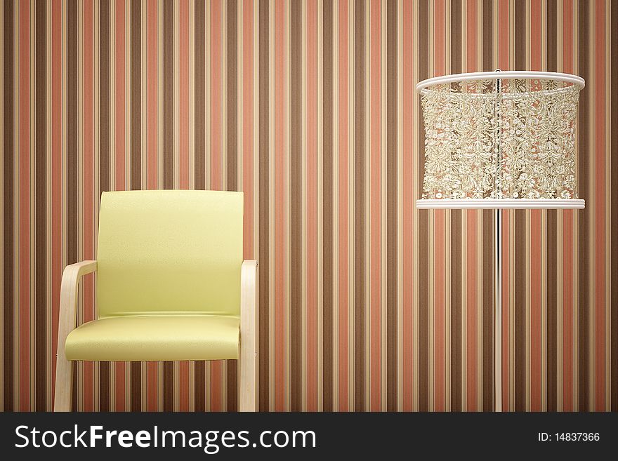 Yellow chair, lamp and striped wallpaper