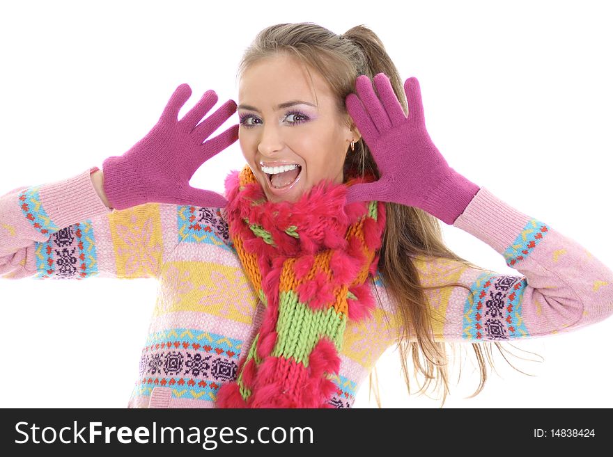 Winter happy young woman isolated