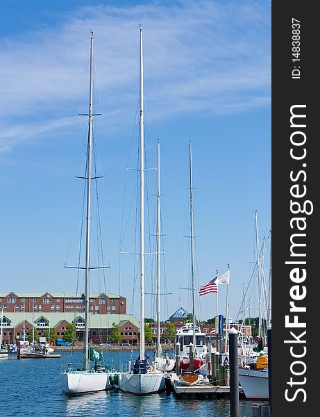 Tall masted sailboats docked in a harbor. Tall masted sailboats docked in a harbor