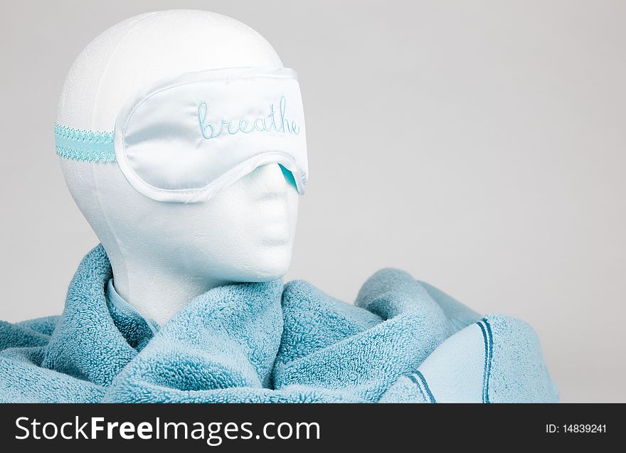 Styrofoam head with mask and towel. Styrofoam head with mask and towel