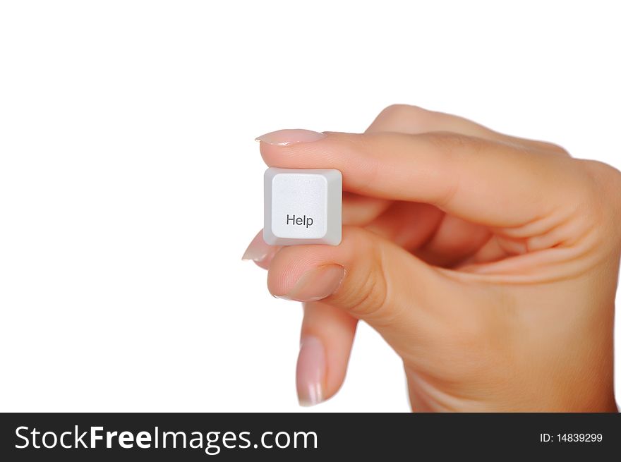 Hand and a white button with the inscription.