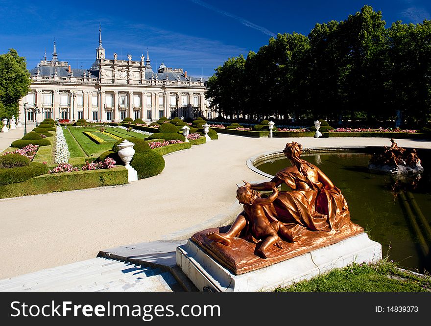 La Granja de San Ildefonso with garden, Segovia Province, Castile and Leon, Spain. La Granja de San Ildefonso with garden, Segovia Province, Castile and Leon, Spain