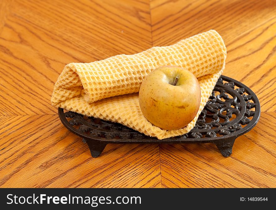 Apple with Table Handkerchief On Wooden Table. Apple with Table Handkerchief On Wooden Table