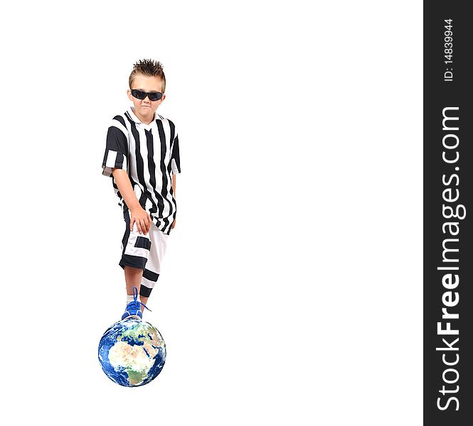 Young footballer with sunglasses stay on earth, isolated on white background. Young footballer with sunglasses stay on earth, isolated on white background