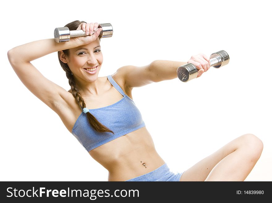 Portrait of woman with dumb bells. Portrait of woman with dumb bells