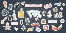 Free Set Of Travel Stickers Or Pins On Denim Background. Cartoon Hand Drawn Funny Patches On Jeans. Collection Of Badges Stock Photos - 148369803