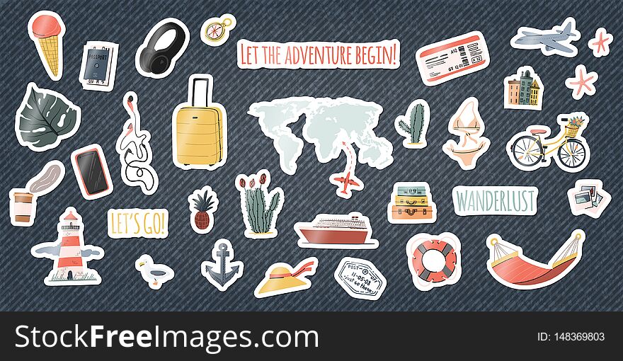 Set of travel stickers or pins on denim background. Cartoon hand drawn funny patches on jeans. Collection of badges. Stock vector