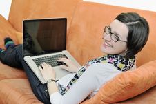 One Young Woman Working On Laptop Stock Photo One Young Woman Working On Laptop Stock Photo