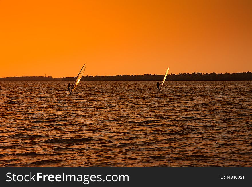 Wind Surfers on the Gulf of Mexico at Sunset